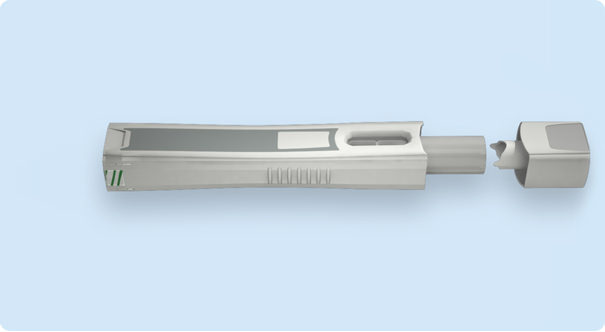 uncapped injection pen, angle 1
